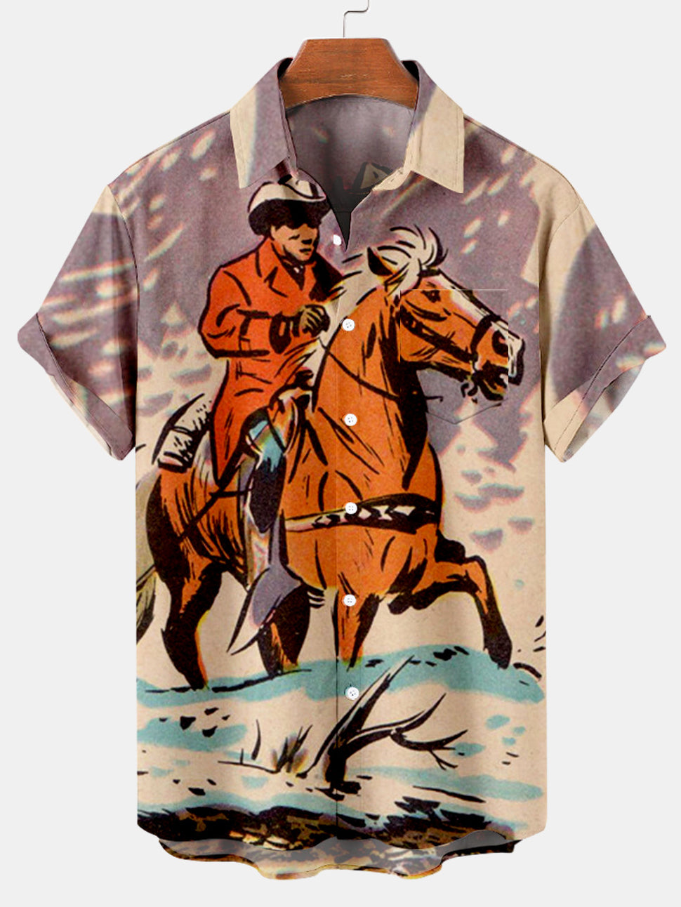 Men's Plus Size Casual Contrast Color Cowboy Movie Illustration Shirt With Pockets PLUSCLOTHESMAN