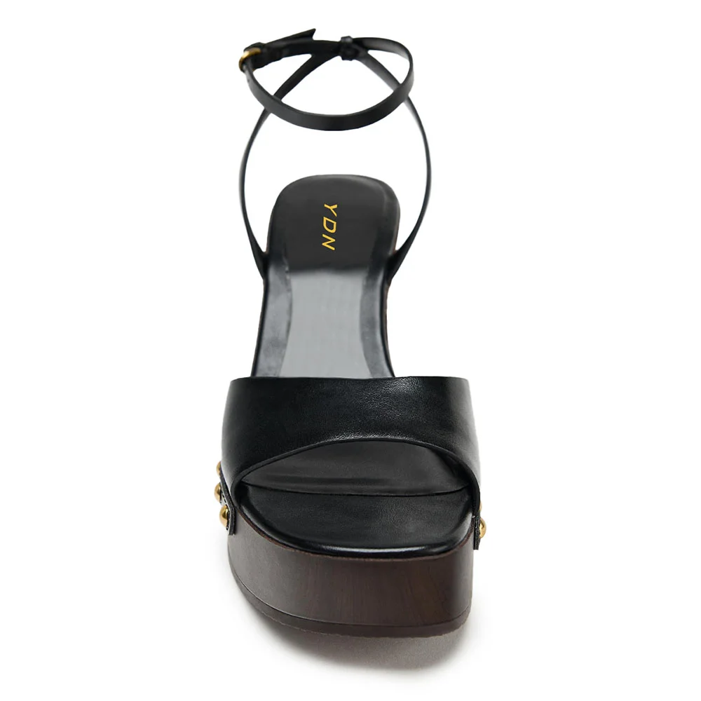 Black Ankle Strap Open Toe Platform Studded Wedge Sandals for Women