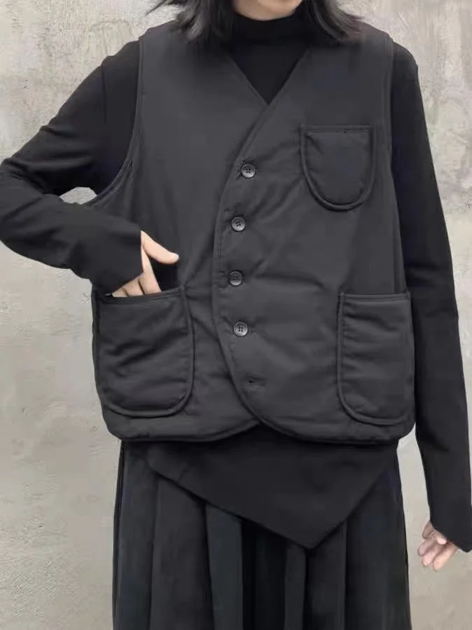 Black Cool Niche Pocket Design Cotton Padded Vest