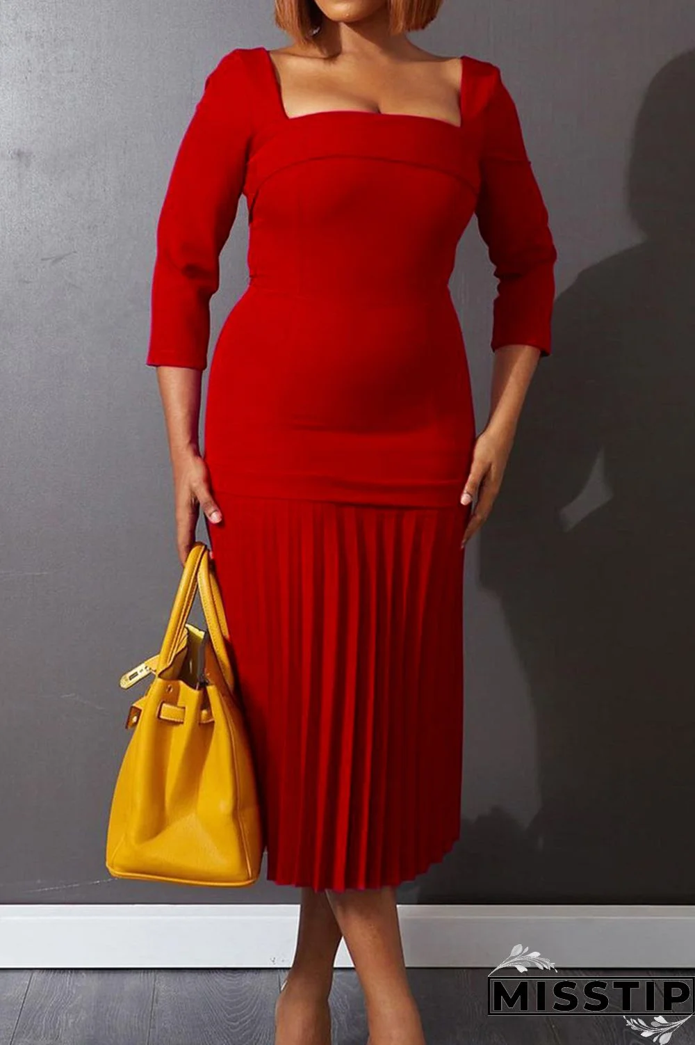 Green Fashion Casual Solid Patchwork Square Collar Pleated Dresses