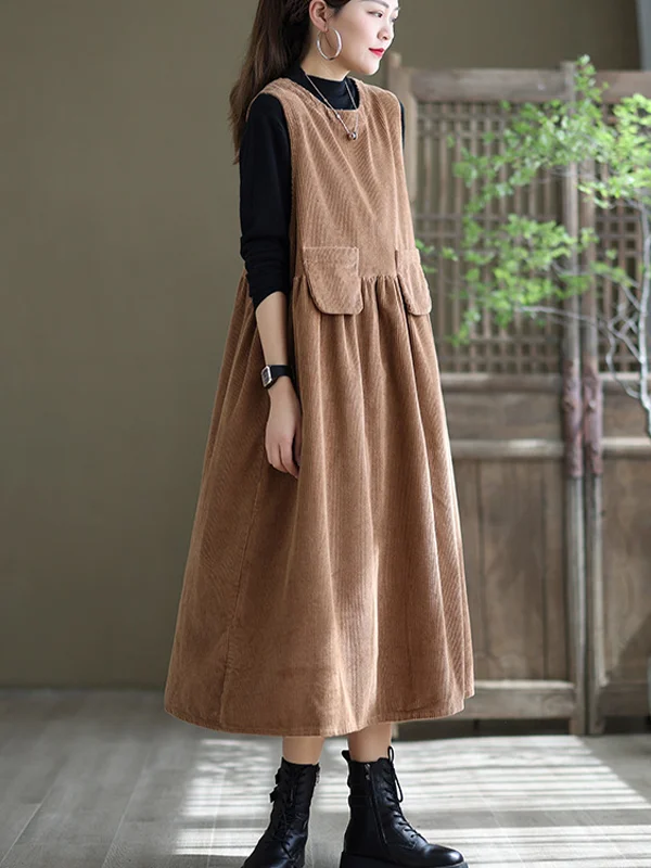 Round Neck Solid Loose Corduroy Midi Dress