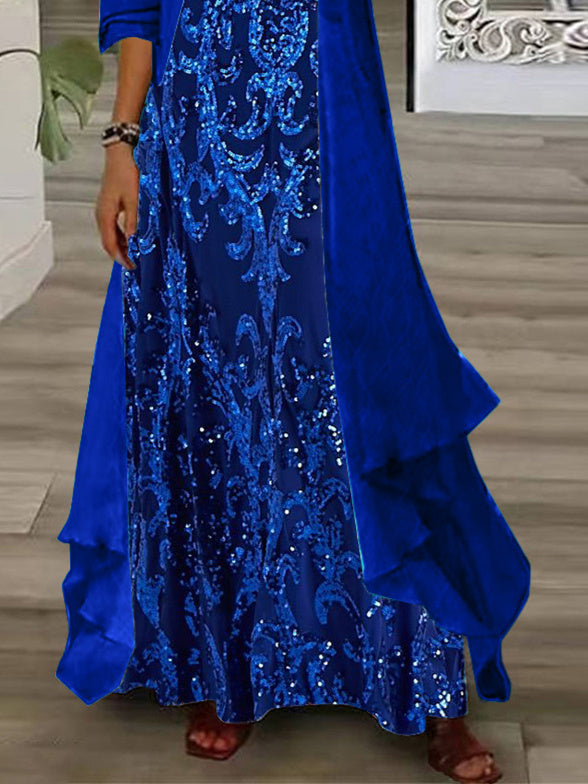 Women's Long Sleeve V-Neck Gradient Printed Graphic Two Piece Suit Maxi Dress