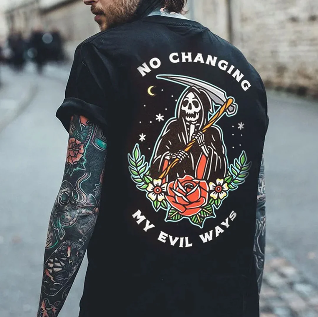 NO CHANGING MY EVIL WAYS Skull Casual Graphic Black Print T-shirt
