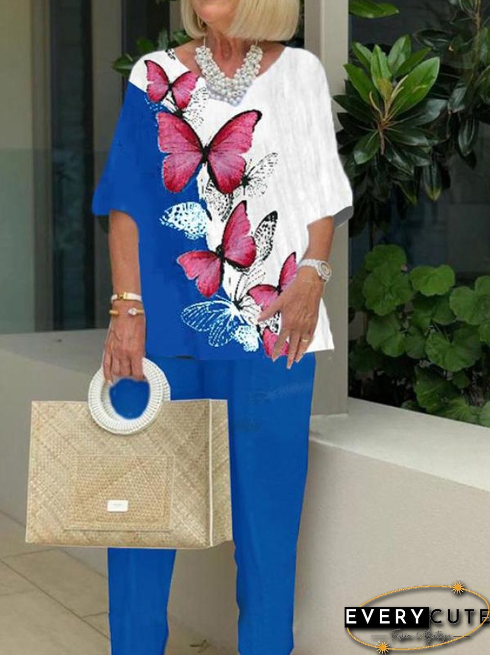 Butterfly Hit Color Women Tee And Pants