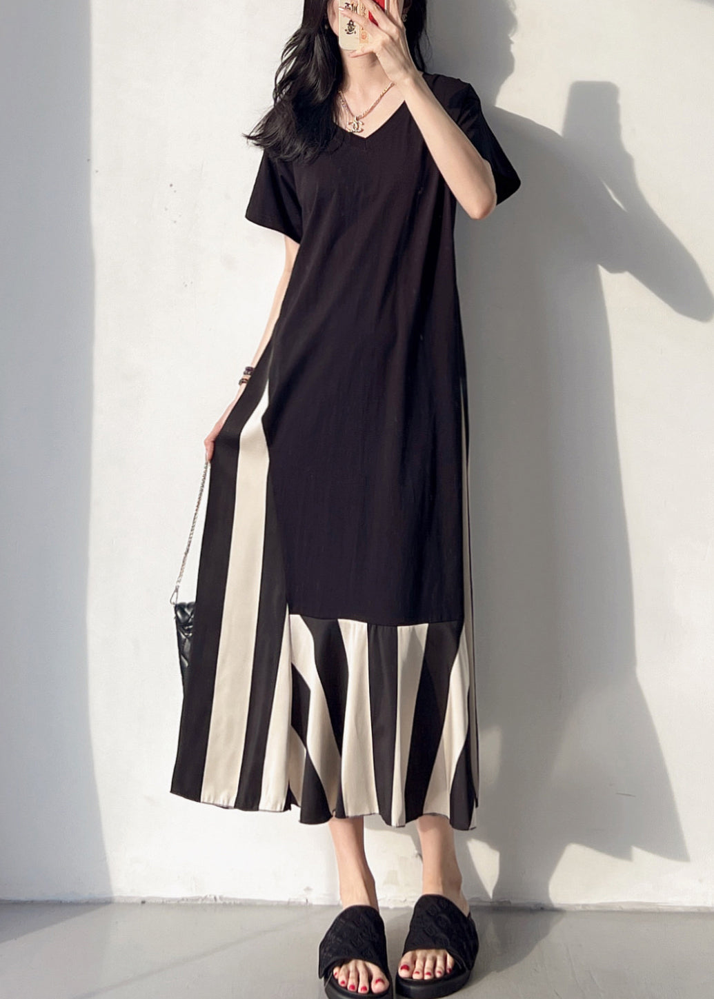 VCSHOES Loose Black V Neck Patchwork Cotton Long Dress Summer