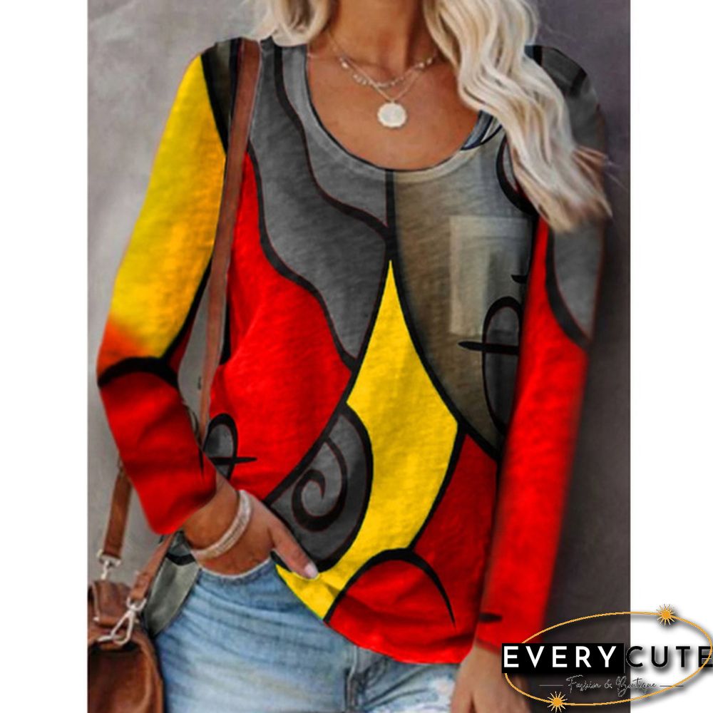 New Autumn and Winter Women's Casual Blouses Long-sleeved T-shirt Stitching Color Printed Tops Plus Size