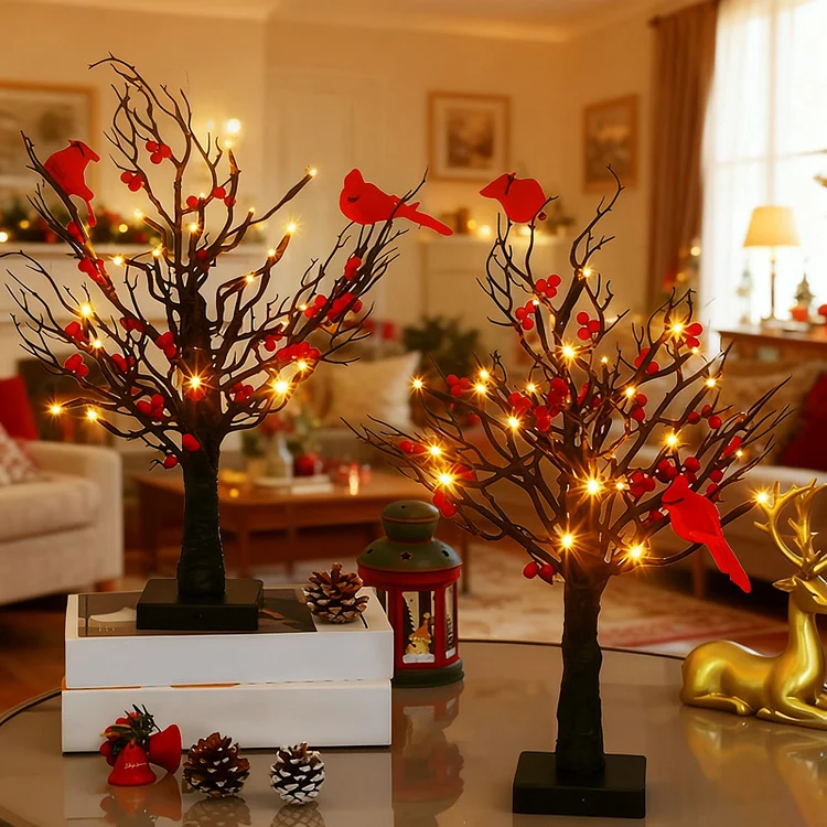 Vintage Glowing Tree With Electric Cardinal & Berries