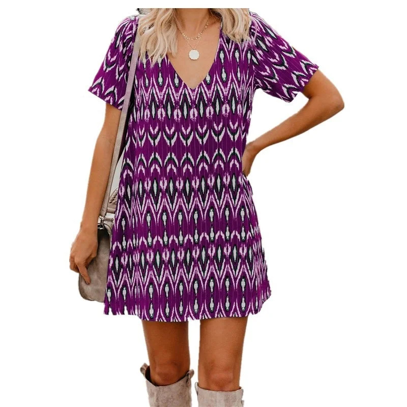Spring/Summer Loose Short Sleeves V-Neck Print Dress Women's Wear