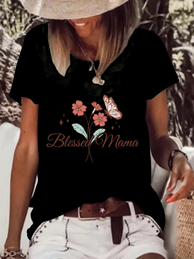 Blessed Mama Raw Hem Tee-0025965