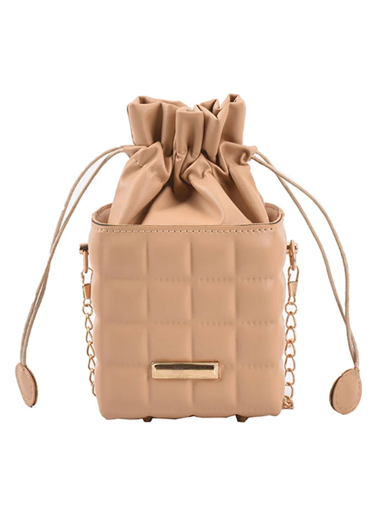 Retro Women PU Checker Drawstring Crossbody Bag Chain Cube Handbag (Khaki)