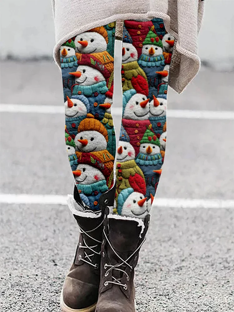 Christmas Snowman Embroidery Art Comfy Leggings