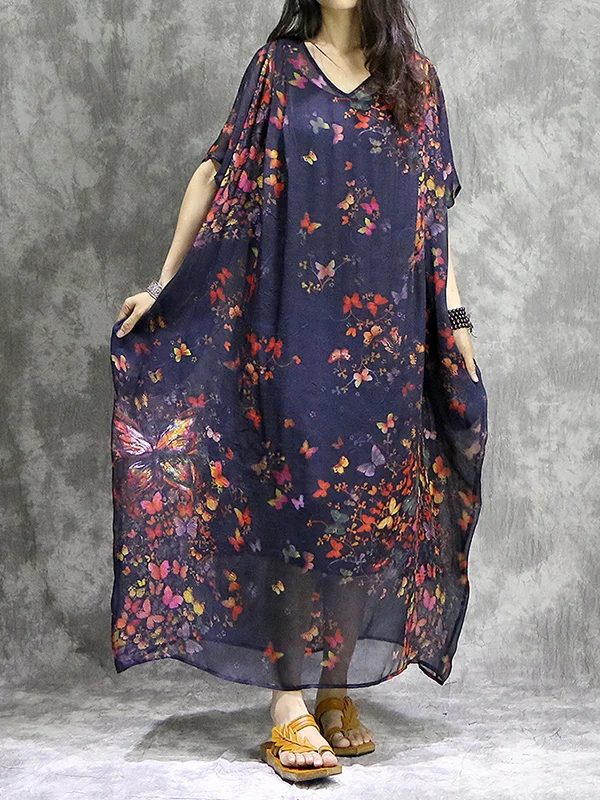 Vintage Silk Butterfly Stamped Irregular Midi Dress