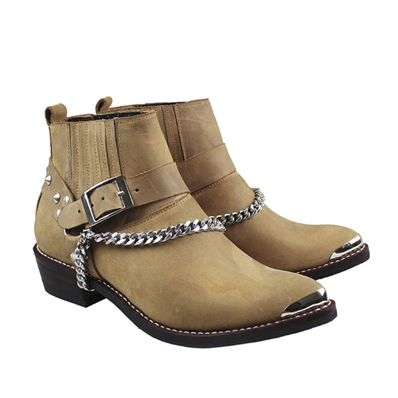 VCSHOES Cow Genuine Leather Boots Ankle Pointed Metal Toe Motorcycle Boots Man Punk Cowboy Boots Military With Chains Sizes 38-46