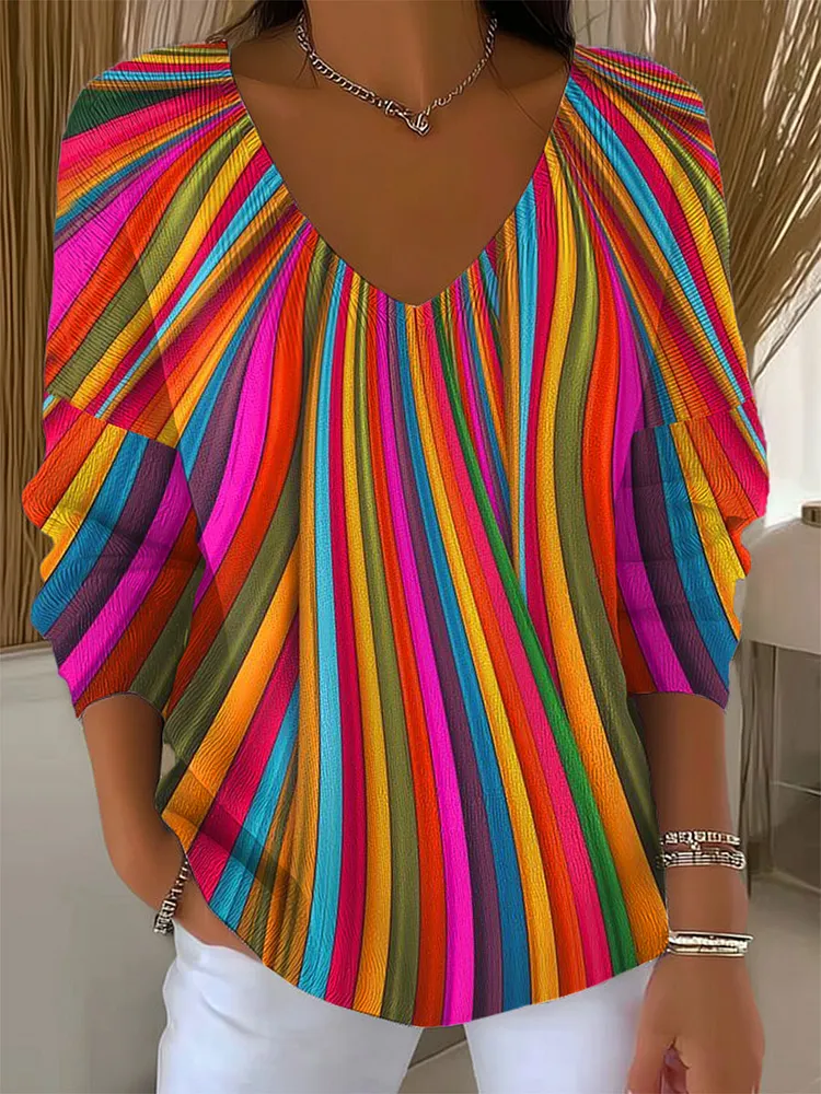 Women's Vintage Rainbow Stripe Art Print Casual Pullover Sweater