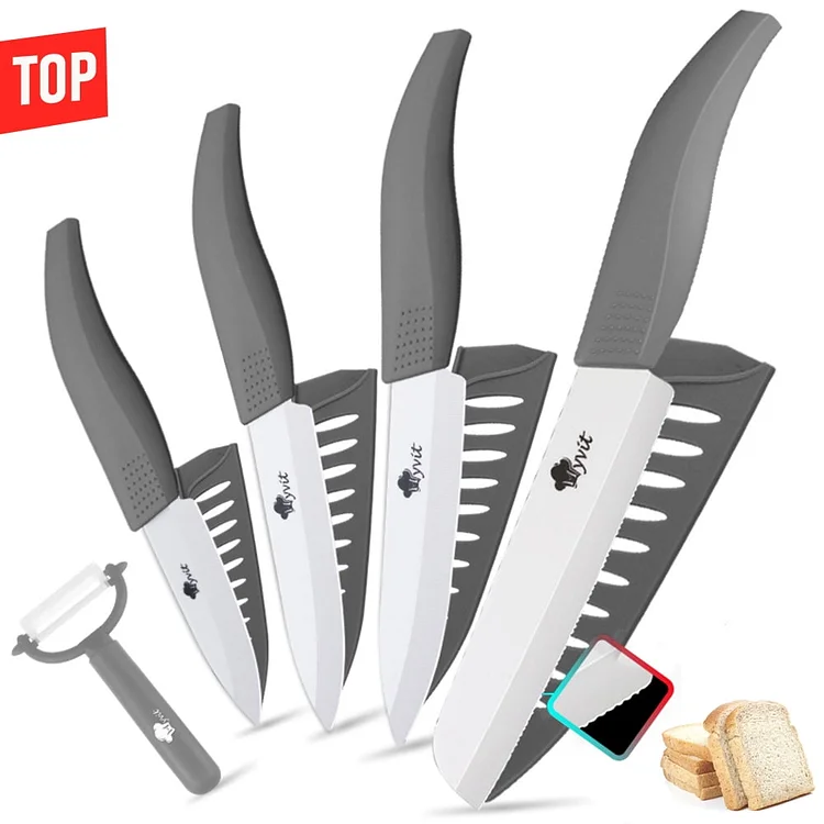 Ceramic Knife Set 3 4 5 Inch Paring Knife + 6 Inch Serrated Bread Knife with Peeler Vegetable Fruit Slicer Rust-proof Chef Knife
