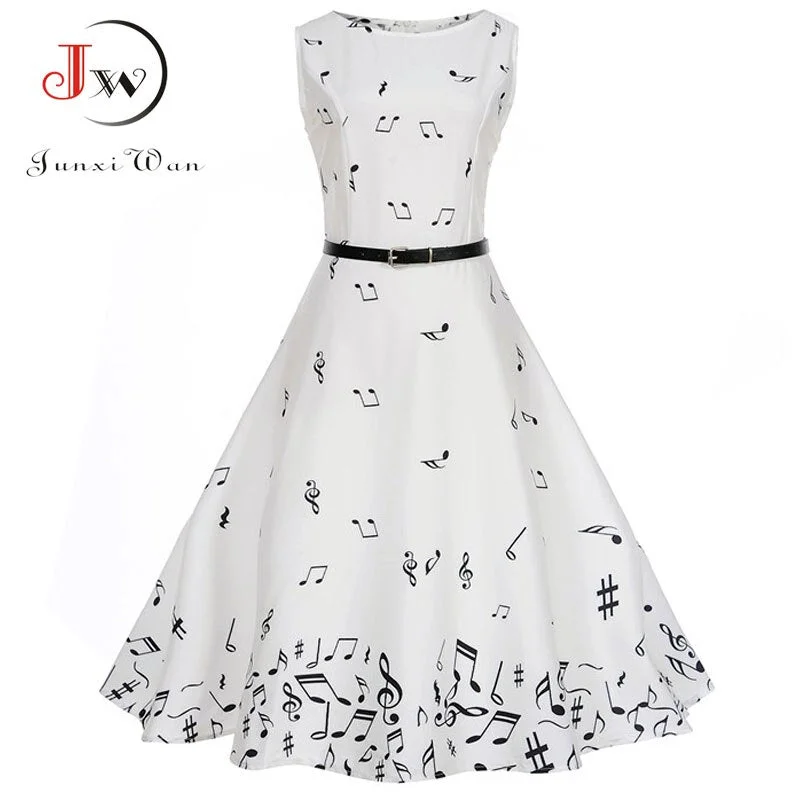 Women Summer Music Note Print Dress Robe Retro Swing Casual Vintage Sleeveless O-Neck Swing Dresses Vestidos
