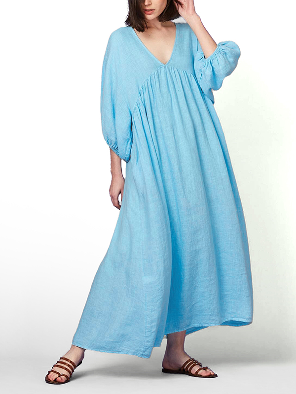 Long Sleeve Pleated V Neck Maxi Dress