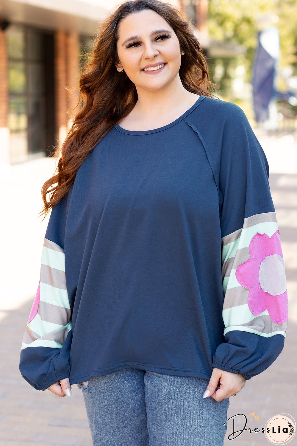 Sail Blue Flower Patchwork Raglan Sleeve Exposed Seam Oversized Top