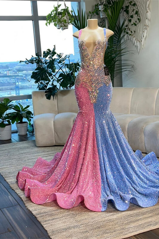 Glamorous Pink and Blue V-Neck Sleeveless Mermaid Formal Dresses With Sequins Beadings Crystals - lulusllly