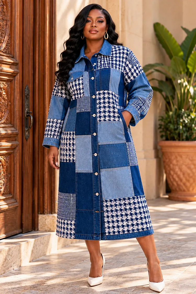 Xpluswear Design Plus Size Business Casual Blue All Over Print Shirt Collar Long Sleeve Pocket Denim Midi Dresses [Pre-Order] 2024 - Xpluswear