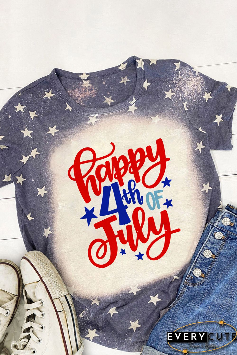 Blue Happy 4th Of July Stars Print Short Sleeve T Shirt
