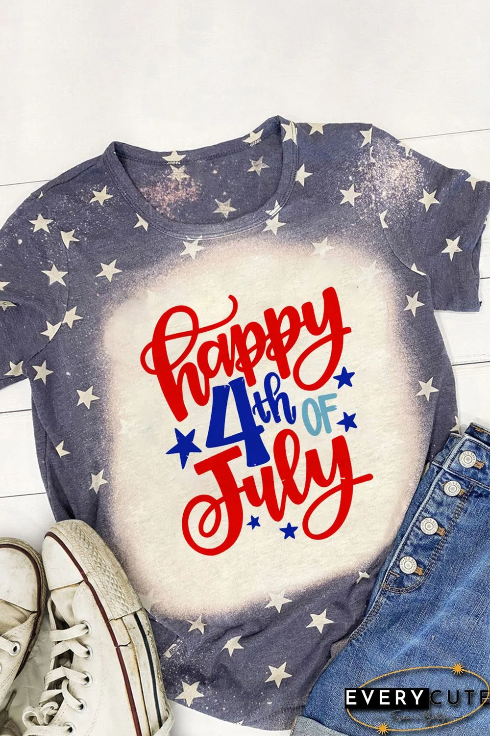 Blue Happy 4th Of July Stars Print Short Sleeve T Shirt