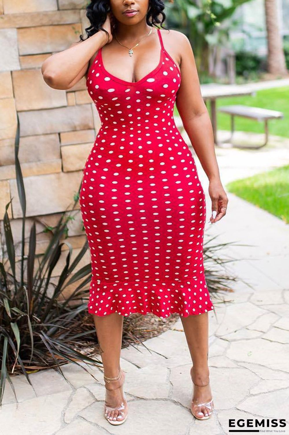 Red Sexy Fashion Spaghetti Strap Sleeveless Slip Step Skirt Knee-Length Print ruffle Patchwork | EGEMISS