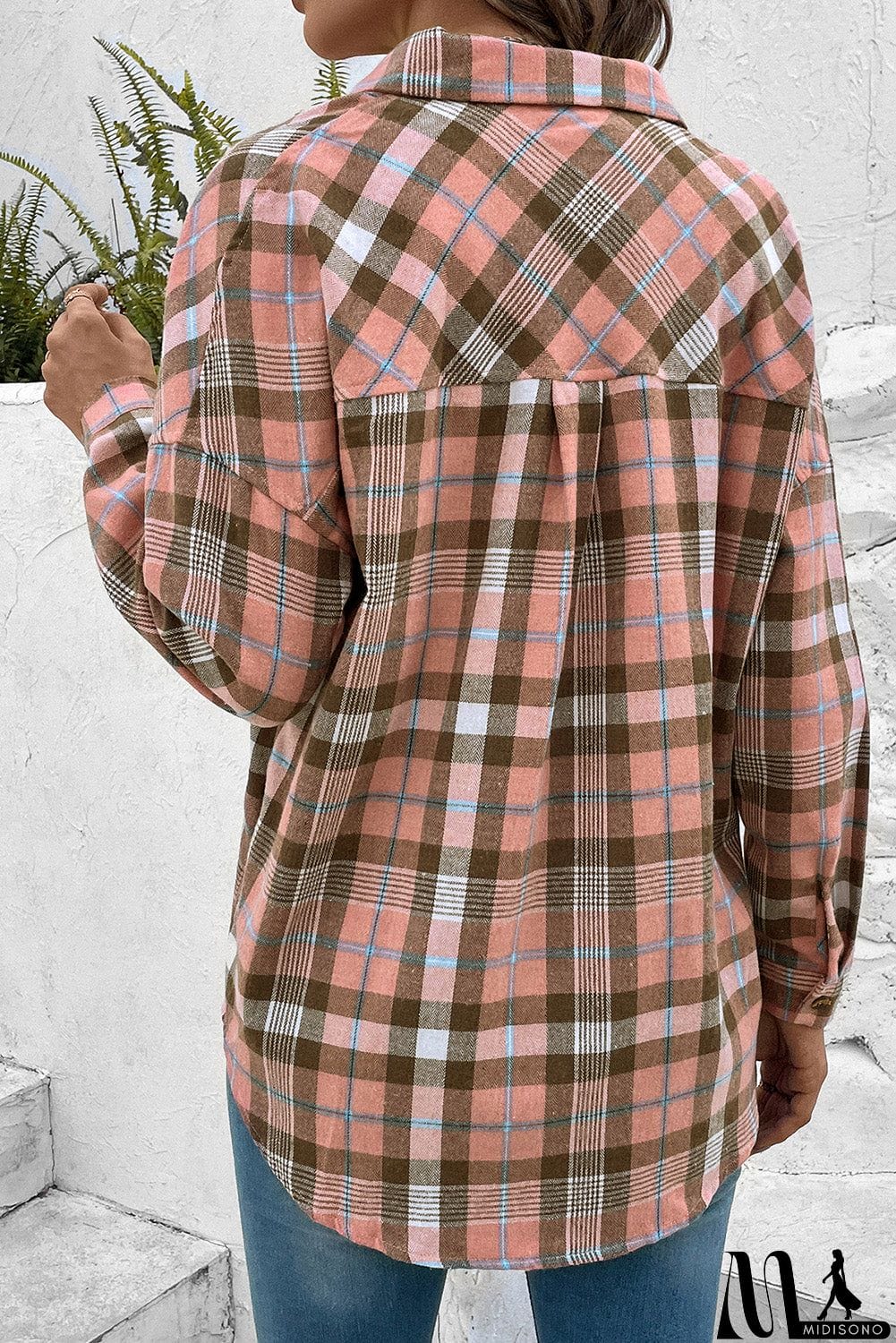 MidiSono - Plaid Collared Neck Long Sleeve Button-Up Shirt