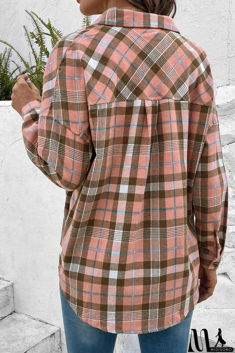 MidiSono - Plaid Collared Neck Long Sleeve Button-Up Shirt
