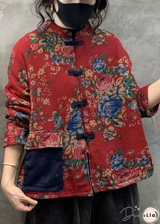 Red Print Thick Fine Cotton Filled Coats Stand Collar Oriental Button Winter