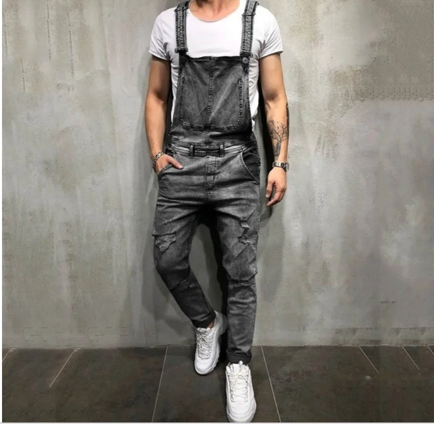 Men's Suspender Denim Jumpsuit Ripped Jeans Hip Hop Overalls