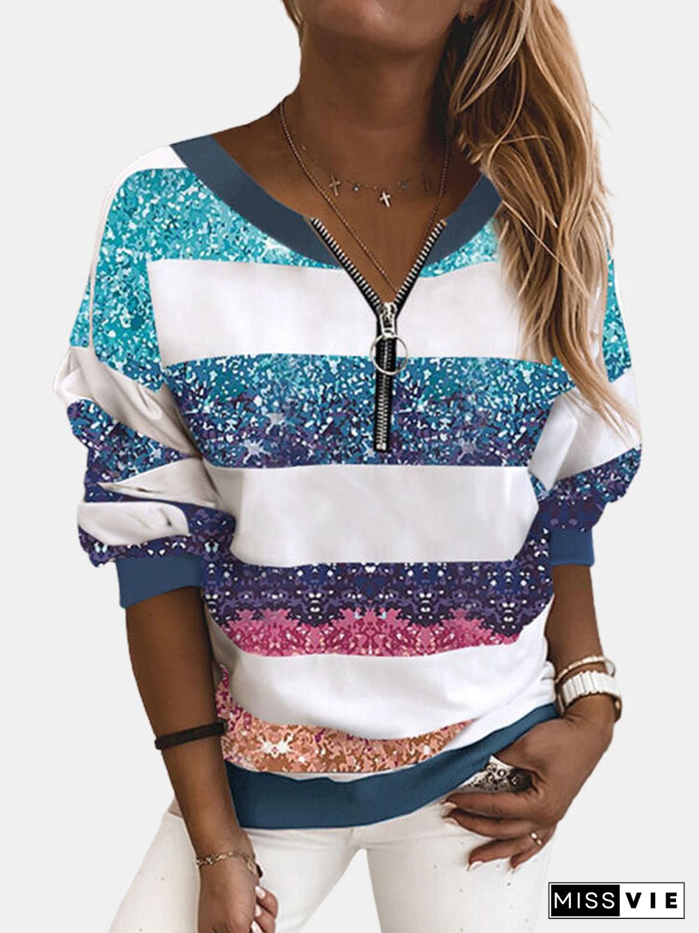 Ombre Printed Long Sleeve V-neck Zip Front Sweatshirt For Women