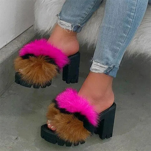 Woman Fury Slippers Furry Slides Pumps High Heels Platform Women Party Square Fur Furry Sandals White Red 2020