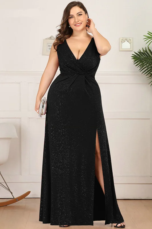 black v-neck sleeveless long plus size evening dress with split