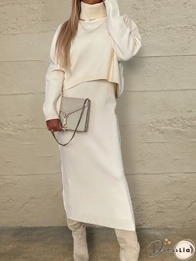 Turtleneck Dropped Shoulder Sweater and Midi Dress Sweater Set