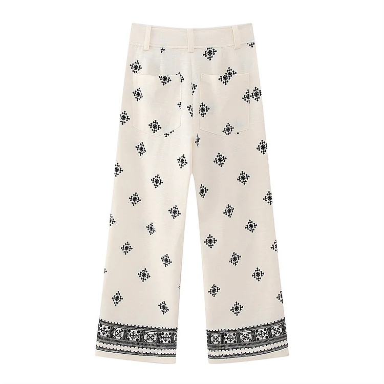 Casual Printed Linen High-waisted Pants