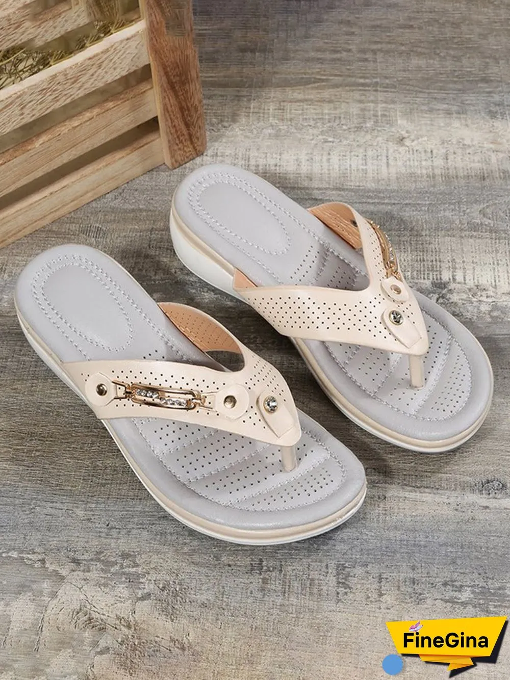 Metal Rhinestone Slope Heel Flip-Flops
