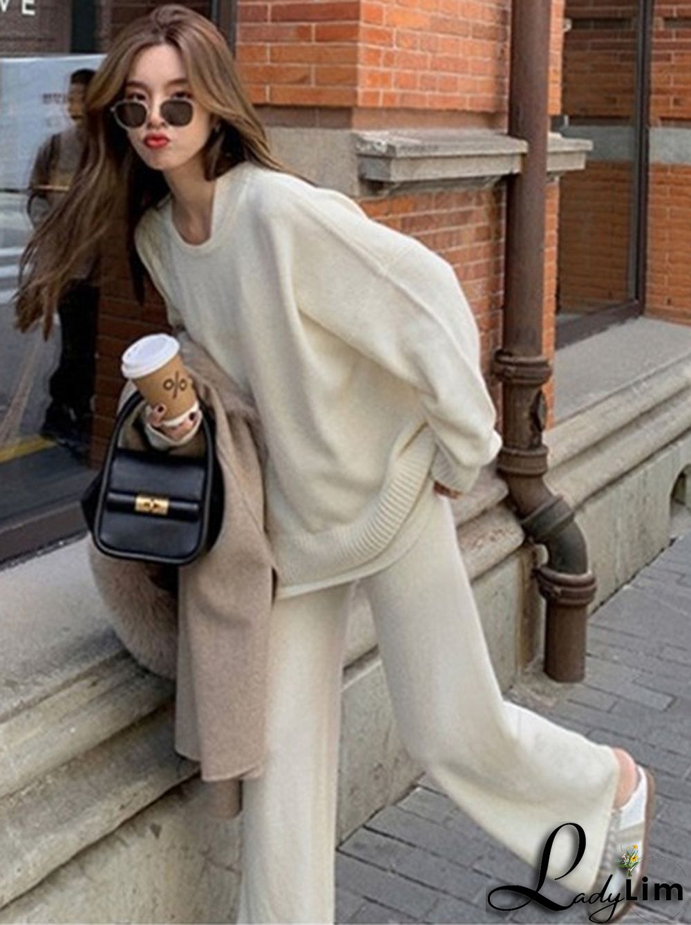 Casual Loose Solid Color Round-Neck Sweater Tops & Wide Leg Pants Suits