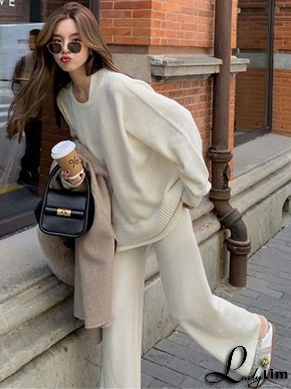 Casual Loose Solid Color Round-Neck Sweater Tops & Wide Leg Pants Suits