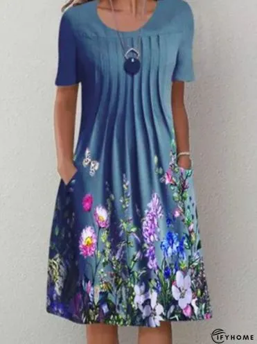 Floral-Print A-Line Short Sleeve Weaving Dress | IFYHOME
