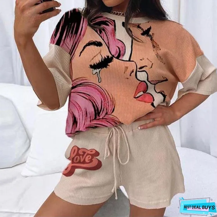 Street Style Summer Comfort Printed 100-piece Cotton Orange-encumble Commuter Waist Sweet Short-sleeved T-shirt and Shorts 2PCS Set