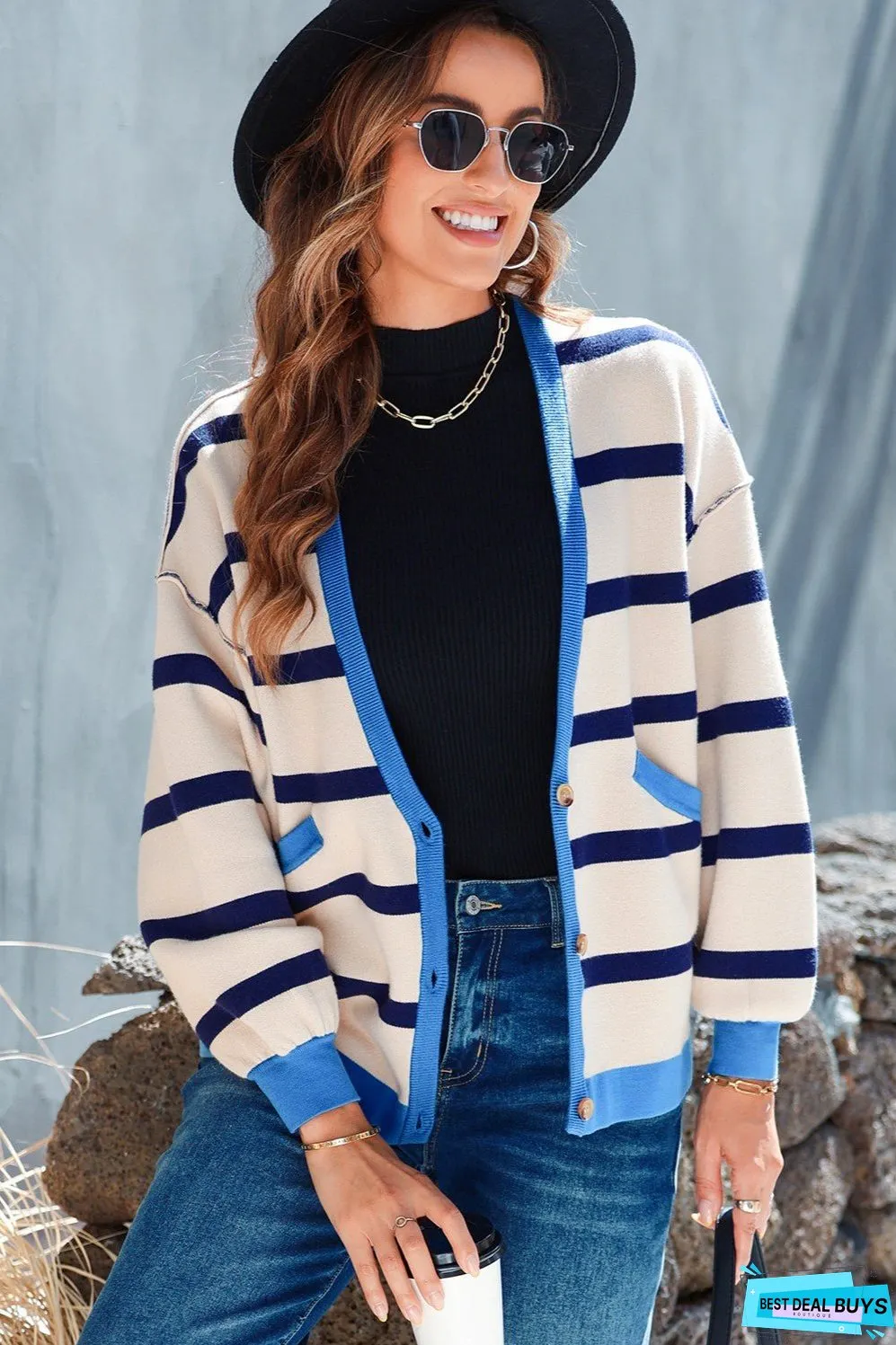 Striped Button Up Long Sleeve Cardigan