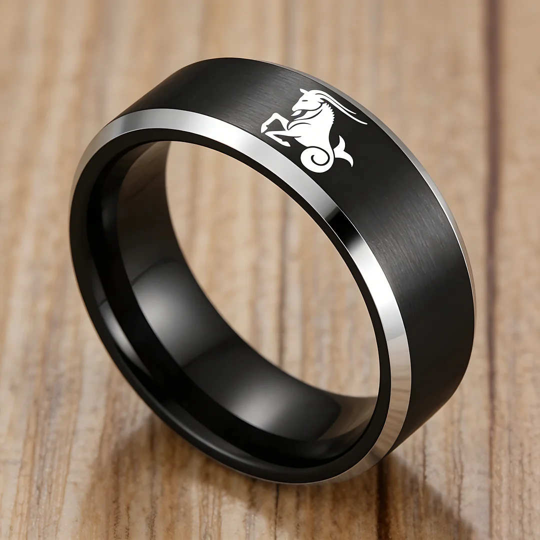 Mens Womens Black Capricorn Tungsten Carbide Rings Black Edges and Laser Etched Wedding Bands Comfort Fit 4MM 6MM 8MM