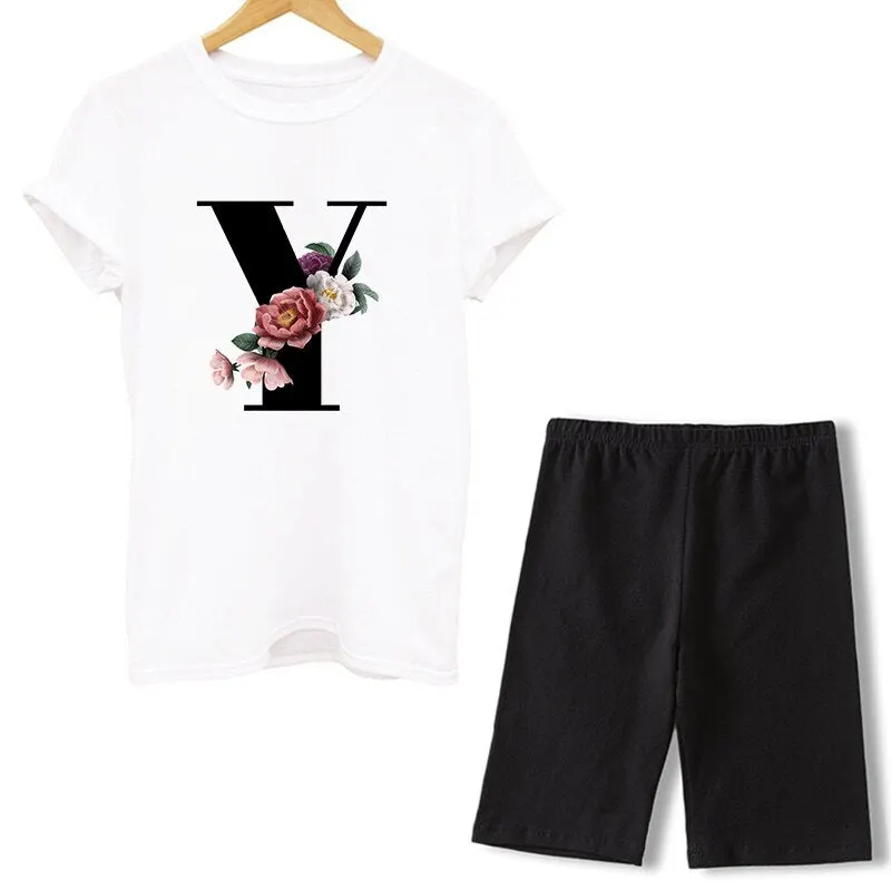 Women Two Piece Set Letter T Shirts And Shorts Sets Summer Short Sleeve O-neck Casual Biker Tracksuit Sexy Outfit For Woman 2