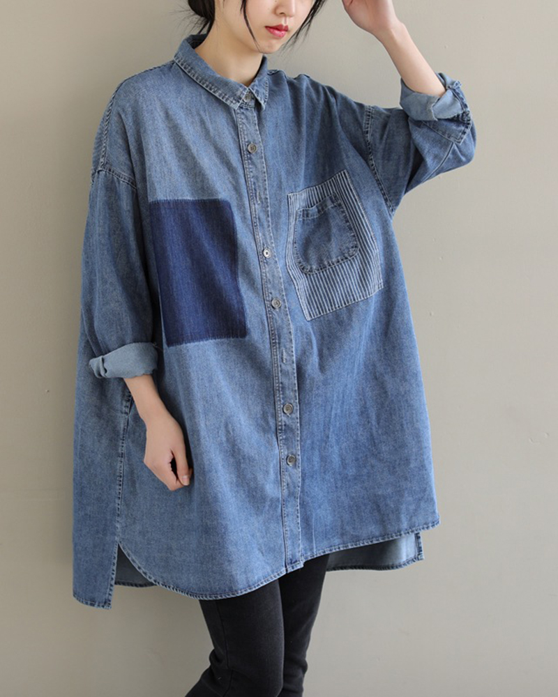 Patchwork Detail Shirt Collar Long Sleeve Oversized Denim Shirt