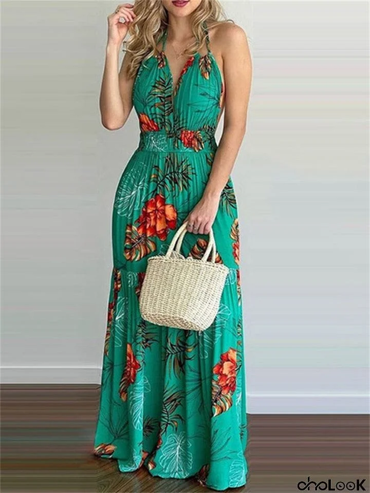 Print Backless High Waist Sleeveless Dress