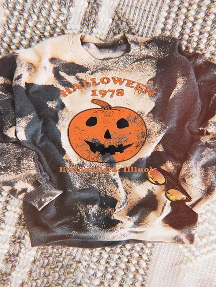 Pumpkin Print Halloween Crew Neck Tie-dye Sweatshirt