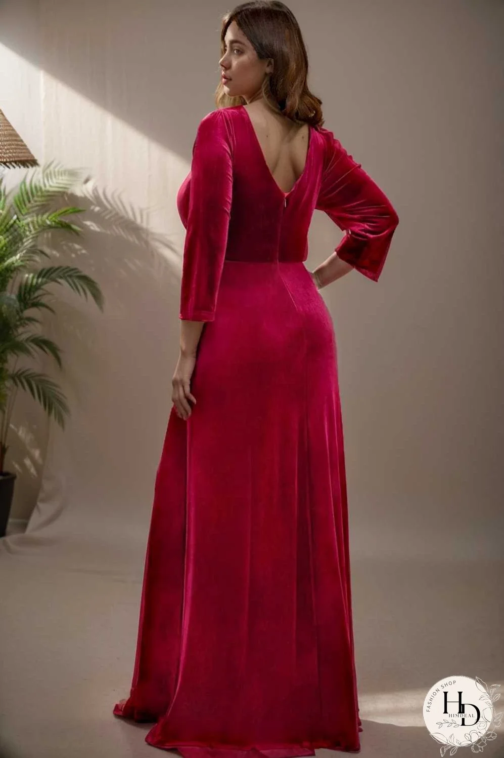 velvet 3 4 length sleeve illusion v neck front slit evening dress