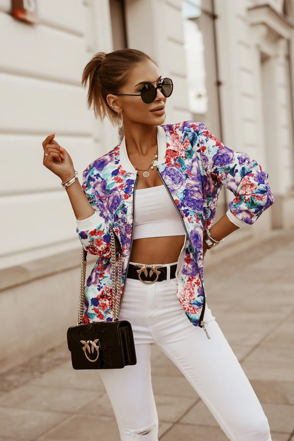 Leosoxs Flower Print Long Sleeve Women's Bomber Jacket Fashion Zipper Up Vintage Coat Tops Elegant Slim Basic Ladies Jackets