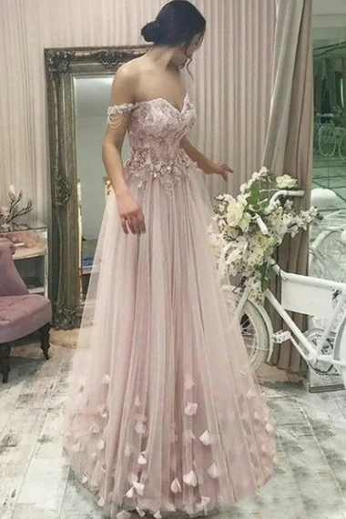 Off Shoulder Pink 3D Floral Prom Dress Evening Dresses Long
